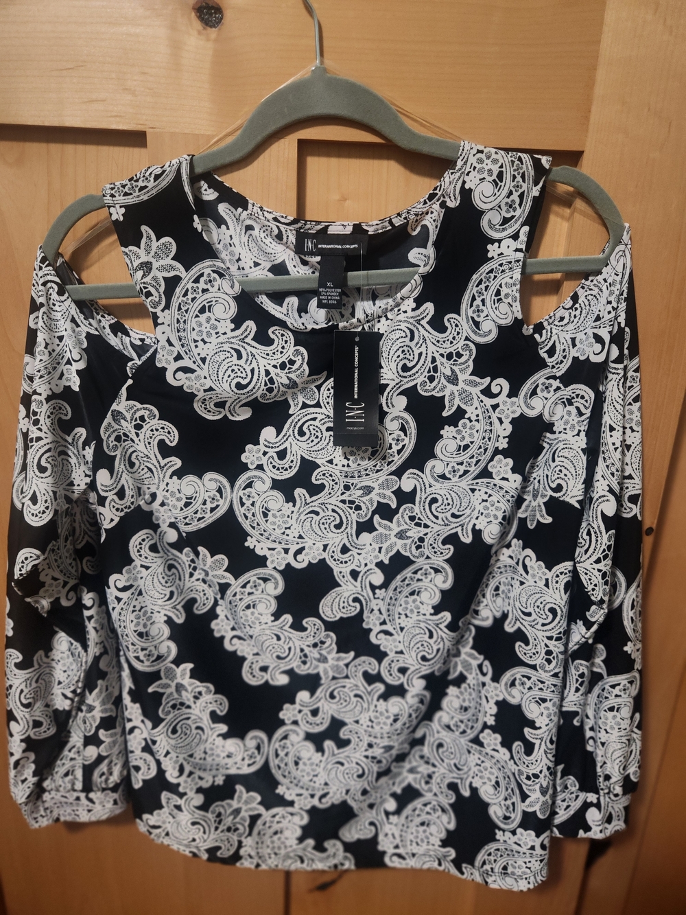 INC International Concepts Black & White Paisley Cold-Shoulder Top